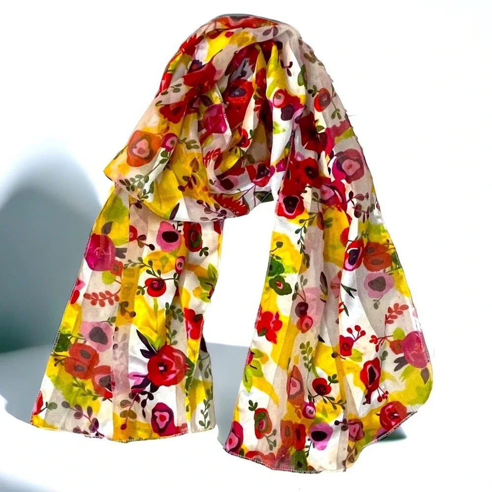 Floral Print Oblong Scarf Womens Red Yellow Y2K Boho Chic Sheer Summer Versatile